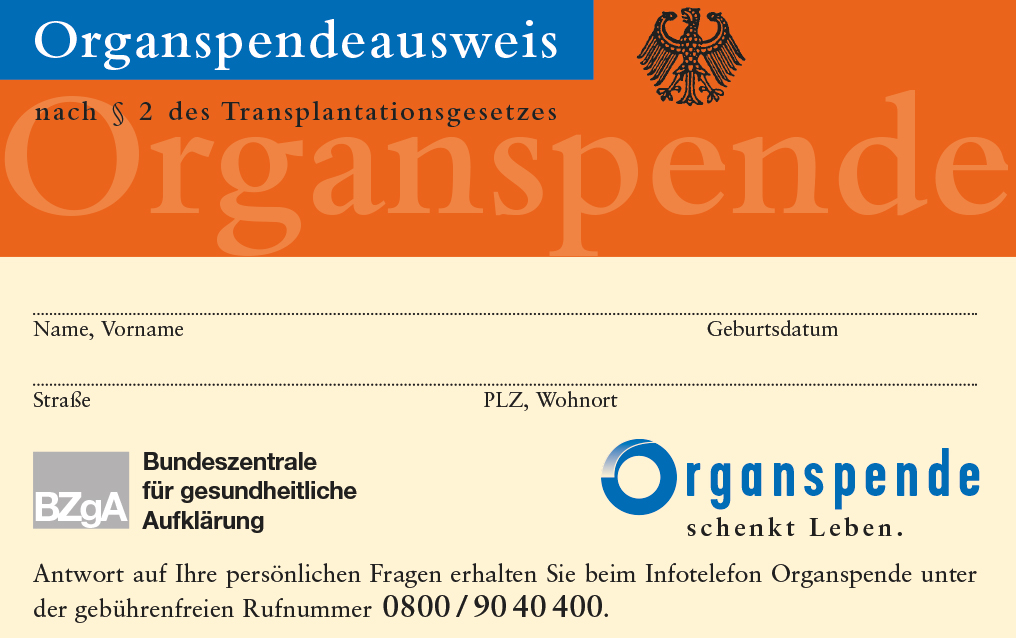 Organspendeausweis Vorderseite